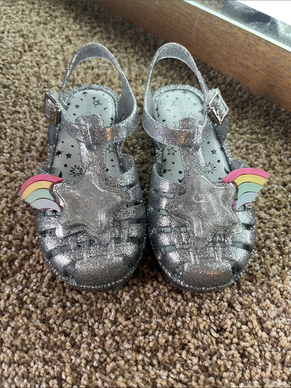 Mini Melissa Silver Glitter Star Jelly Sandals w Rainbow Accent and water star